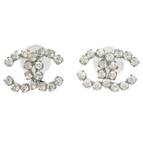 Chanel CC Piercing Earrings Silver Rhinestone - Picture 1 of 5